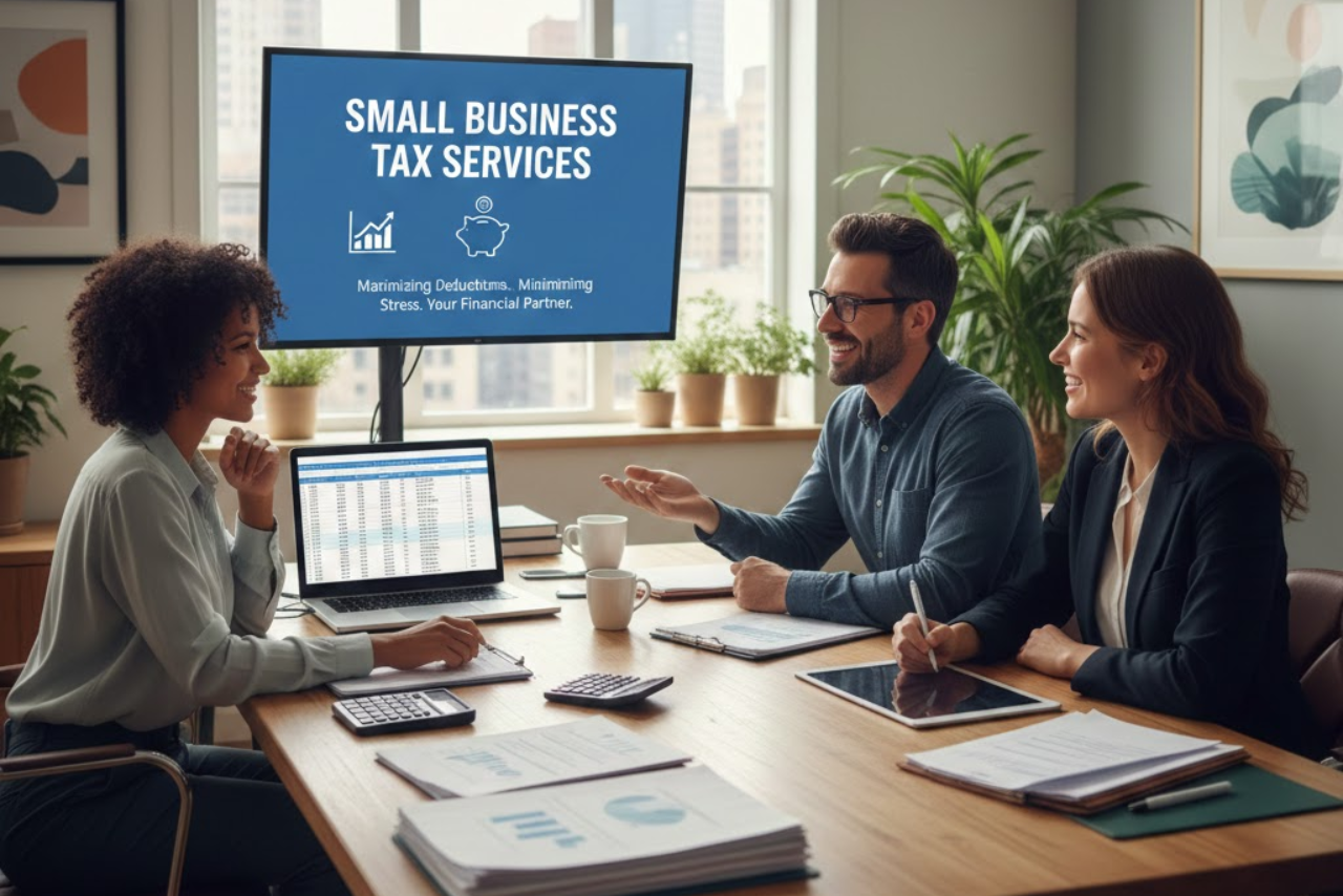 Overhead view of smartphone calculator and tax forms on a wooden table.