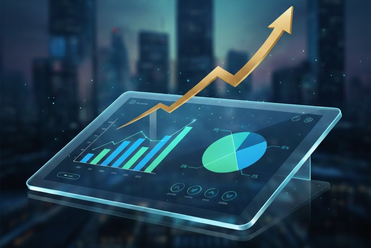 Overhead view of smartphone calculator and tax forms on a wooden table.